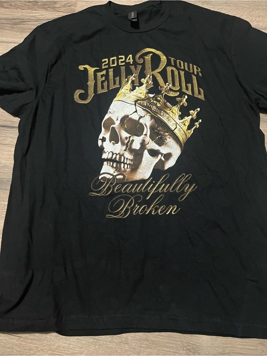 Gildan Other - Jelly Roll “Beautifully Broken” 2024 Tour Tee-Gold and White Skull Crown Graphic